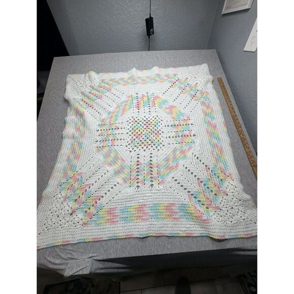 Vintage Handmade Crochet Knitted Yarn Rainbow Baby Blanket 37x37 - Picture 4 of 5